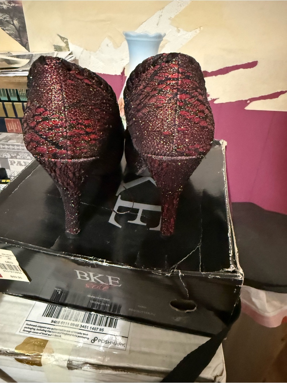 Buckle Red Glitter Lace Mary Jane Heels with Black Bow and Crystal Accent - Picture 5 of 6